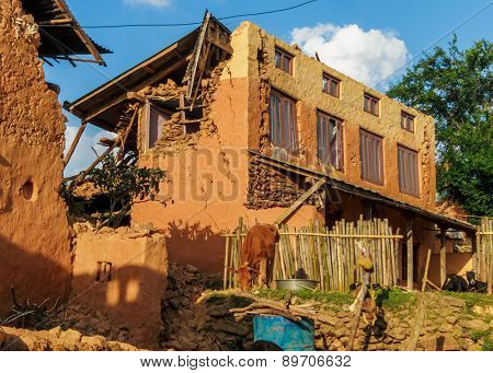 KOT DANDA, LALITPUR, NEPAL - MAY 2, 2015: Damaged houses after the 7.8 earthquake that hit Nepal on April 25, 2015.