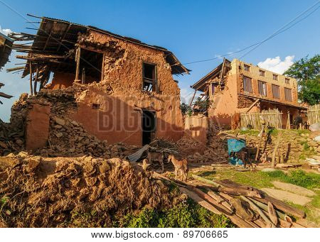 KOT DANDA, LALITPUR, NEPAL - MAY 2, 2015: Damaged houses after the 7.8 earthquake that hit Nepal on April 25, 2015.