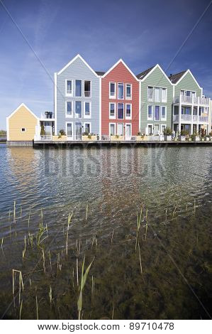 Floating Wooden Houses In The Neighbourhood Rietveld In The Dutch Town Of Houten