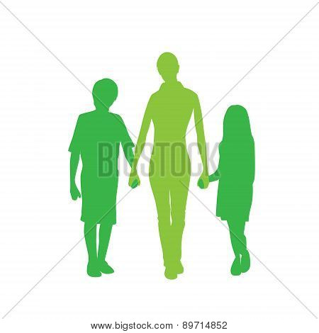 Family Silhouette Mother with Two Kids Holding Hands