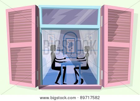 Window Shutters Couple Sitting Cafe Table Drink Coffee Romantic Love