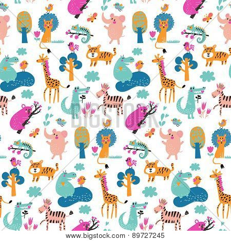 Stunning seamless pattern with wild animals from Africa. Koala, lion, crocodile, hippo, giraffe, tiger, zebra and iguana. Sweet childish background in bright colors in vector