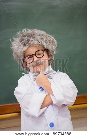 Pupil wearing peruke and eyeglasses at elementary school