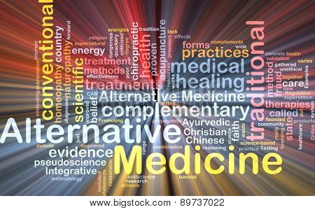 Background text pattern concept wordcloud illustration of alternative medicine glowing light