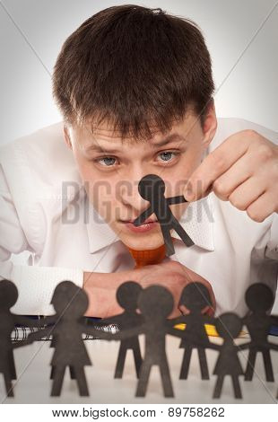 The boss looks at a group of people. Bureaucrat