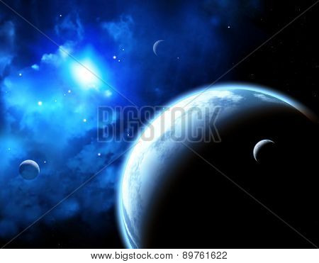 A beautiful space scene with planets and nebula. Elements of this image furnished by NASA