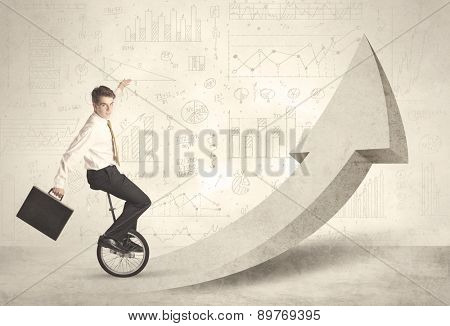 Happy business man riding a monocycle up on an arrow concept