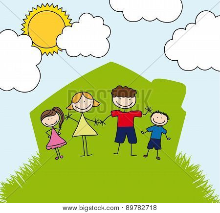 Happy Family Over House Drawing Lanscape Vector Illustration