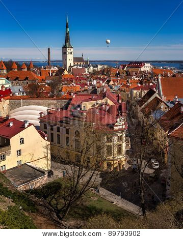 Aerial View Of Tallinn Old Town And Olaviste Church From Toompea Hill, Tallinn, Estonia
