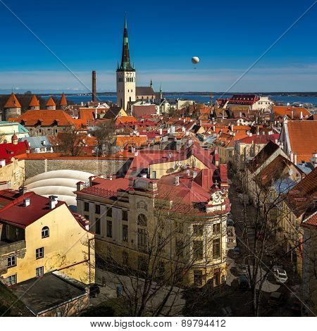 Aerial View Of Tallinn Old Town And Olaviste Church From Toompea Hill, Tallinn, Estonia