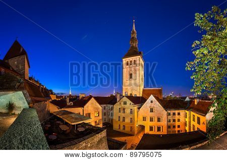 Evening View Of Old Town And Saint Nicholas (niguliste) Church In Tallinn, Estonia