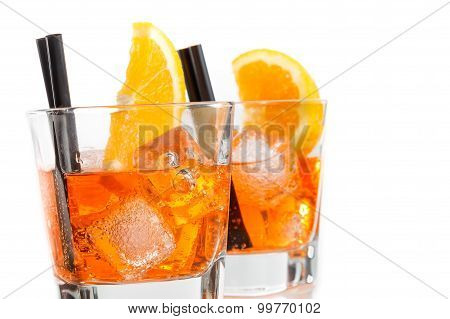 Two Glasses Of Spritz Aperitif Aperol Cocktail With Orange Slices And Ice Cubes