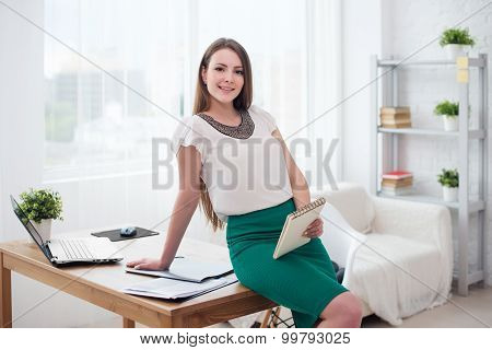 Portait of beautiful successful business woman in office sitting on table