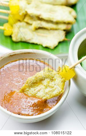 Grilled Pork Satay With Peanut Sauce And Vinegar, Thai Food.