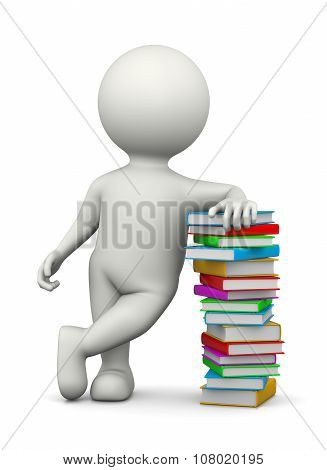 White 3D Character Leaned On A Heap Of Books