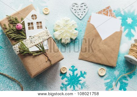 Cute Vintage Christmas New Year Gifts Mock Up On Wooden Background.