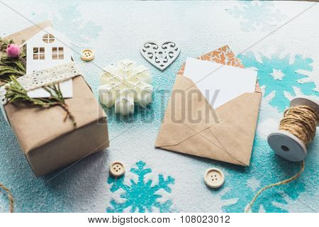 Cute Vintage Christmas New Year Gifts Mock Up On Wooden Background.