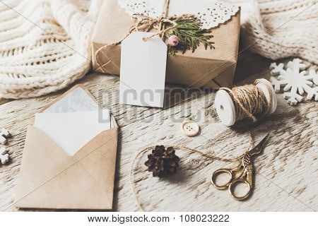 Cute Vintage Christmas New Year Gifts Mock Up On Wooden Background.