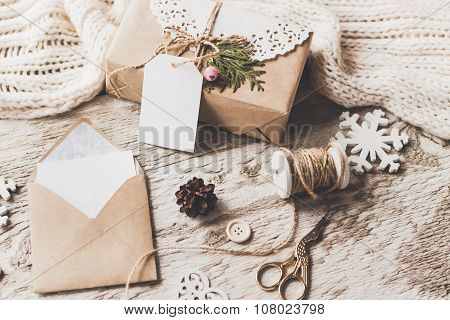 Cute Vintage Christmas New Year Gifts Mock Up On Wooden Background.