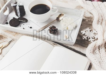 Cute Vintage Christmas New Year Gifts Mock Up On Wooden Background.