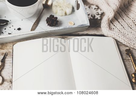 Cute Vintage Christmas New Year Gifts Mock Up On Wooden Background.