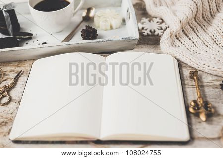 Cute Vintage Christmas New Year Gifts Mock Up On Wooden Background.