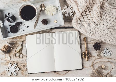 Cute Vintage Christmas New Year Gifts Mock Up On Wooden Background.