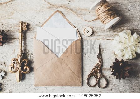 Cute Vintage Christmas New Year Gifts Mock Up On Wooden Background.