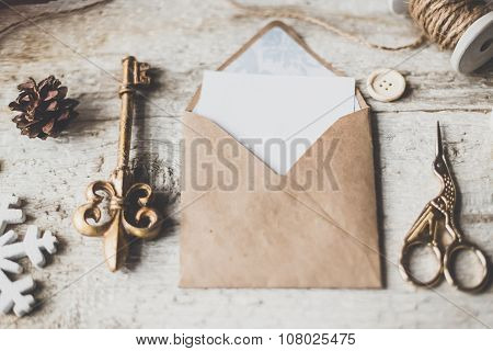 Cute Vintage Christmas New Year Gifts Mock Up On Wooden Background.