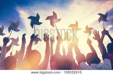 Silhouette Wind Wheel Togetherness Diverse Diversity Concept