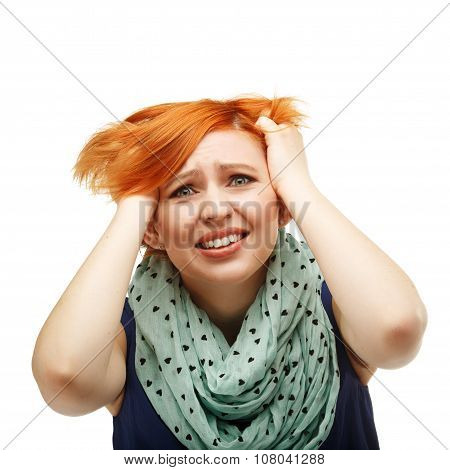 Portrait Of The Girl Tearing Their Hair In Stress