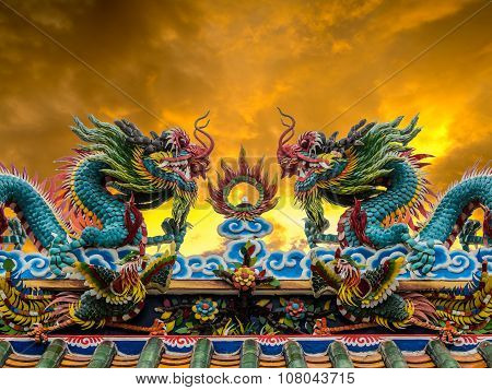 Twin Dragon On Top Roof Chinese Temle