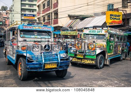 Colorful Jeepneys At Bus Station Of The City Of Baguio - Philippines