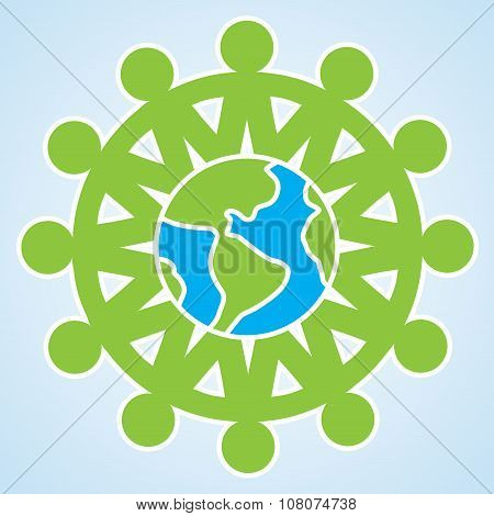 The People Are Holding Their Hands To Each Other Around The Planet Earth. Vector Unity Eco Icon Isol