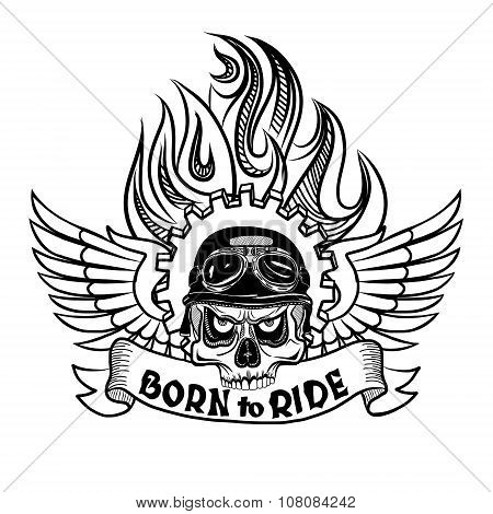 Vintage Biker Skull with wings and flame