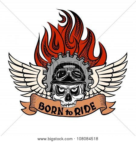 Vintage Biker Skull with wings and flame