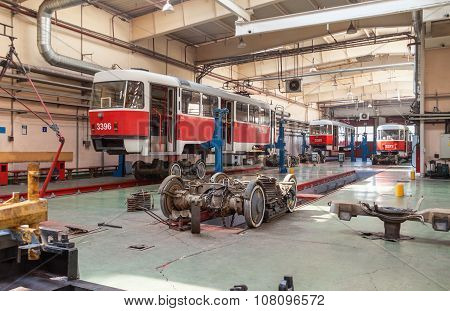Moscow/russia - June , 2014; Maintenance Of Tram Tatra T3A In Workshop. Krasnopresnenskaya Tram Depo