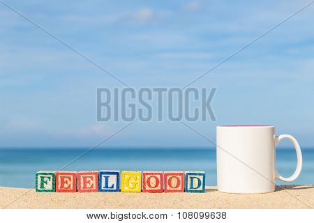 Word Feelgood In Colorful Alphabet Blocks On Tropical Beach