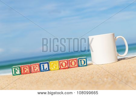 Word Feelgood In Colorful Alphabet Blocks On Tropical Beach
