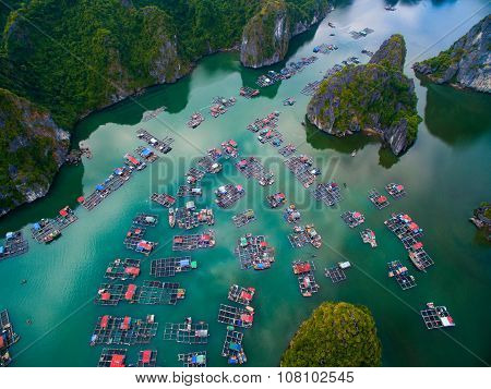 Aerial view of floating villages around Cat Ba islands