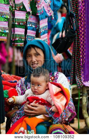 H'mong ethnic minority people in Can Cau traditional market in Laocai, Vietnam.