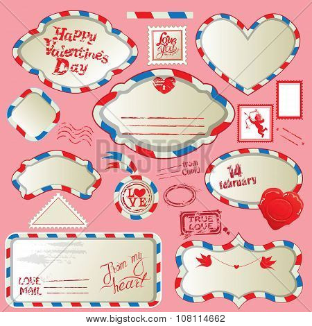 Borders In Post Mail Style With Handwritten Calligraphic Text Happy Valentines Day, Design Elements