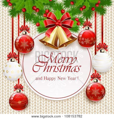 Christmas Balls And Golden Bells On White Knitted Pattern