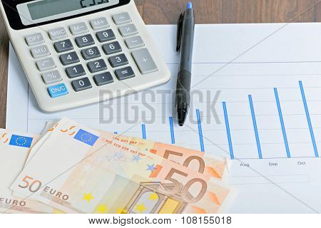 Calculator, graphyc, pen on the table