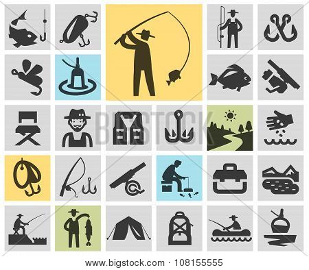 fishing set black icons. signs and symbols