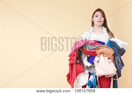 Woman Carrying Dirty Laundry Clothes.