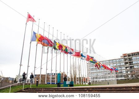 STRASBOURG FRANCE - 14 Nov 2015: All European Union Flag flies at half-mast in front of the Council of Europe following an terrorist attack in Paris