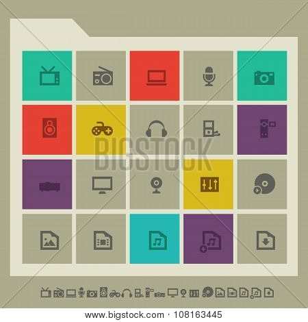 Multimedia devices icon set. Multicolored square flat buttons