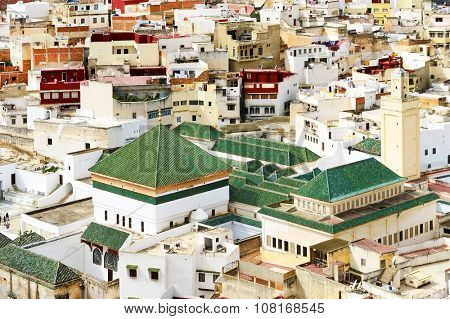 Aerial view of Moulay Idriss, the holy town in Morocco, named after Moulay Idriss I, arrived in 789 bringing the religion of Islam