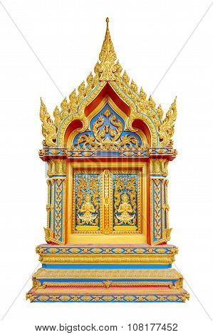 Carving Of Thai Temple Door In Golden Color. Isolated On White.